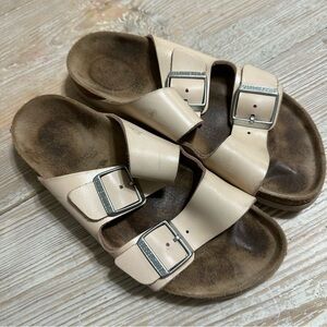 Birkenstock Beige Arizona Leather Sandals with Silver Buckles 38